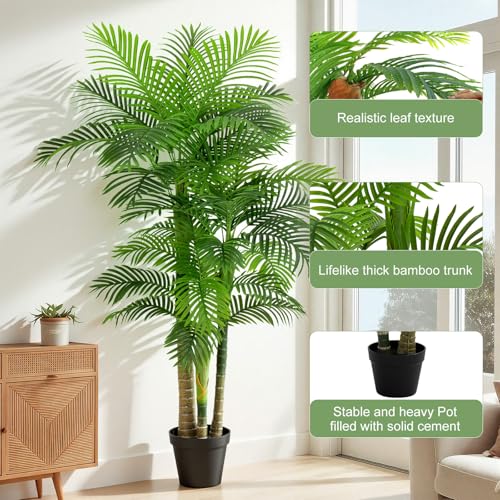 6FT Artificial Palm Tree - Tropical Faux Golden Cane Palm Tree UV Resistant Tall Fake Plant Indoor with Black Pot for Home Office Living Room Indoor Outdoor Decor Housewarming Gift