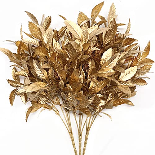 CATTREE Christmas Artificial Plants, Plastic Leaves Fake Grass Faux Shrubs Bushes for Home Indoor Outdoor Garden Leaf Wedding Festival Decoration Hall Table Golden Planter Filler - Gold 3 Pack - color: Gold Leaves - 3 Pcs