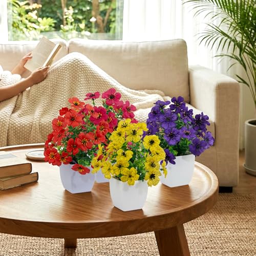 LOYWREE 4 Pack Small Artificial Daisy Flowers Fake Plants in White Pots, Mini Potted Floral Spring Decorations for Home Bathroom Shelves Office Desk Table Centerpiece Indoor Decor - color: Daisy-white Pot, size: White Pot