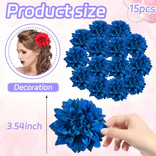 Fabric Flowers Heads for Craft, 15 Pcs Artificial Dahlias Flower Heads Bulk, 3.5 Inch Deep Blue Silk Flowers Heads Artificial Flowers for Home Wedding, Hat Decoration, DIY Wreath, Scrapbooking - color: Deep Blue