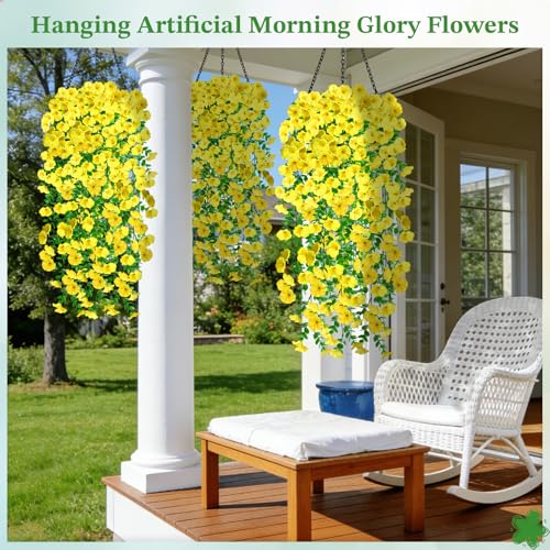 Artificial Hanging Flowers for Outdoors, 6Pcs UV Resistant Morning Glory Vines Fake Flowers with Eucalyptus, Realistic Silk Faux Hanging Plants Decor for Outside Planter Porch Patio (Yellow) - color: Yellow