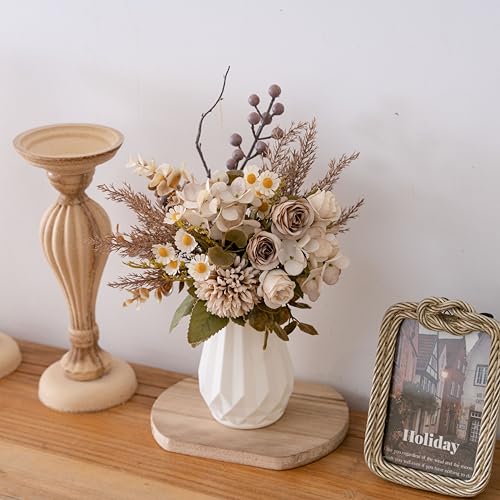 Small Fake Silk Flowers Bouquet with Vase, Faux Centerpieces with Roses, Dandelions, Hydrangea, Daisies, Eucalyptus, Hollyberries - Artificial Floral Arrangements for Home Kitchen Decor - color: Brown With Vase
