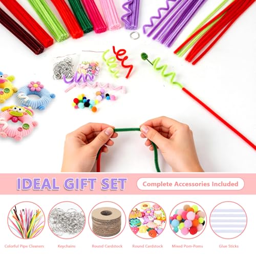 800Pcs Pipe Cleaners Craft, 32 Colors Pipe Cleaner Bulk, Thick Fluffy Chenille Stems, Crafting Supplies with Decorative Beads, Keychain, Round Cardstock & Assorted Pom Poms, DIY Projects for Gift - color: 800 Pcs 32 Colors-Donuts