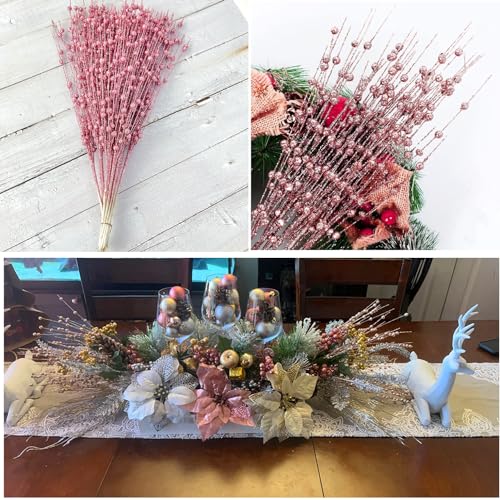 Artificial Glitter Berry Stem Ornaments 17” Decorative Faux Bright Berries Flowers Decorations Picks Bead Sticks Branches for Home Christmas Tree Decor DIY Wreath Crafts - Champagne Pink 10 Pack - color: Glitter Berry Sticks - Champagne Pink 10 Pack