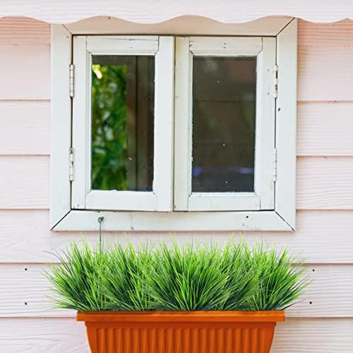 Ouddy Decor 24 Bundles Artificial Plants Outdoors Fake Wheat Grass Faux Greenery Stems Plastic Shrubs UV Resistant for Patio Garden Porch Window Box Spring Home Decor, Green - color: Green, size: 24 Bundles