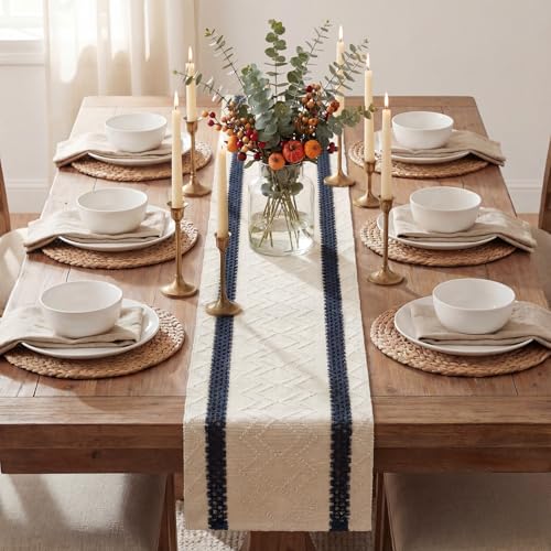 Artoid Mode Dark Blue Stripe Woven Table Runner, Seasonal Holiday Hollow Kitchen Dining Table Decoration for Home Party Decor 12x36 Inch - color: Dark Blue, size: 12" x 36", Table Runner