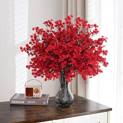 Waipfaru Red Fake Flowers, 15 Pcs Babys Breath Artificial Flowers, Real Touch Silk Flowers Fall Stems for Spring Summer Fall Thanksgiving Christmas Decor Floral Arrangement - color: Red, size: 15pcs