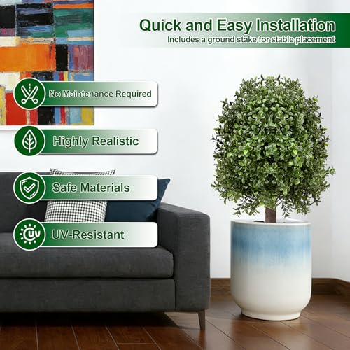 25" Artificial Boxwood Topiary Ball Tree - 2-Pack Realistic Touch Dual-Tone UV-Resistant Outdoor Fake Plant with Triangular Stake & Natural Trunk Texture, Faux Topiary Bush for Garden Porch Decor