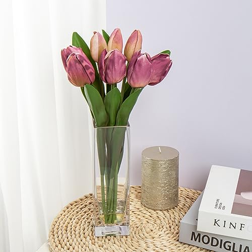 Briful Fake Flowers Artificial Tulip Flower Purple in Clear Vase, Real Touch EVA Tulip Arrangement Suitable for Home Office Fall Decoration, Dining Table Centerpiece - color: Palevioletred