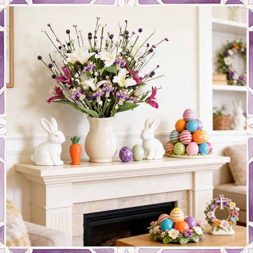 Easter Decorations Table Centerpiece, 5PCS 17.3 Inch Religious Christian He Is Risen Easter Artificial Flowers Berry Stem Picks Decor for Home Farmhouse Office Spring Wreath Vase Filler Arrangement