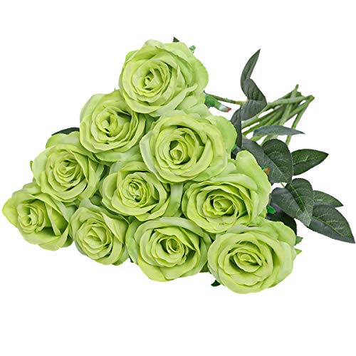 Nubry Artificial Silk Rose Flower Bouquet Lifelike Fake Rose for Wedding Home Party Decoration Event Gift 10pcs (Green) - color: Green