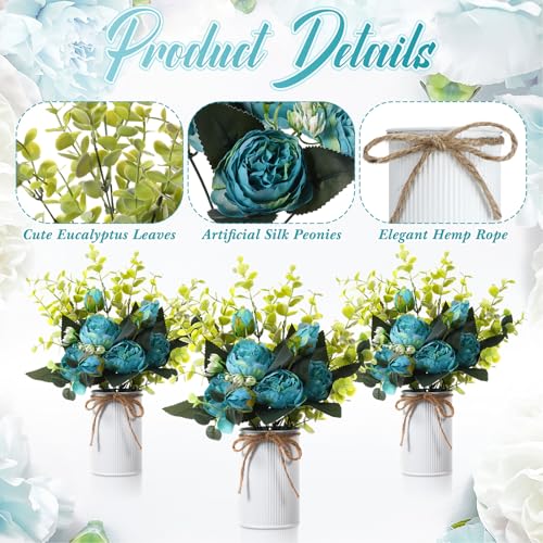 6 Sets Artificial Peonies Flowers, 6 Artificial Peony with Vase 6 Faux Eucalyptus, Faux Silk Peony Bouquet Spring Flowers for Decoration Wedding Party Home Dining (Teal) - color: Teal