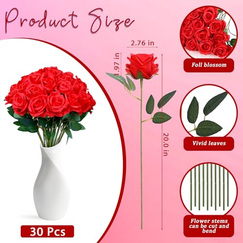 30pcs Red Roses Artificial Flowers, Fake Silk Roses with Stems in Bulk, Faux Roses for Anniversary Valentine's Day Birthday Gifts Wedding Bridal Bouquets Centerpiece Party Home Decor - color: Red
