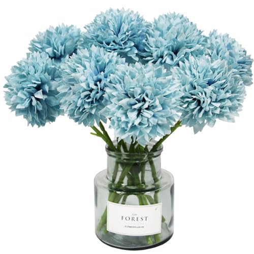 Tinsow 12 Pcs Artificial Flowers Faux Ball Chrysanthemum Bouquet Silk Light Blue Flowers Bridal Wedding Bouquet for Home Easter Party Wedding Decoration (Light Blue, 12) - color: Light Blue