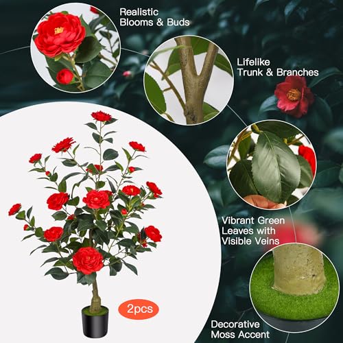 2Pack 35.43" Artificial Camellia Trees with 24 Red Flowers in Cement Pots – Lifelike Fake Trees for Front Porch, Home, Indoor Outdoor Spring Decor, Office or Housewarming Gifts - color: Red, size: 35.43 inchx2