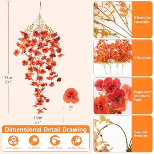 Artificial Fall Flowers for Outdoor, 4 Pcs Faux Pansy Fake Mums Plant Hanging Flowers Outdoor Fall Decor, UV Resistant Silk Flower for Front Door Porch Planter Patio Yard Garden(Orange Autumn Red) - color: Orange Autumn Red
