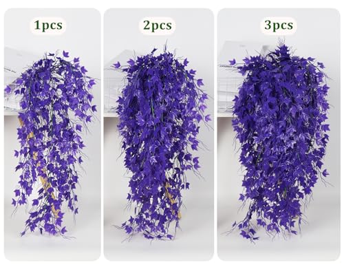 RECUTMS 3Pcs 31.5" Fake Hanging Plants Fake Ivy Vine Artificial Ivy Leaves | UV Resistant,Pure Purple Plastic Vines,Faux Hanging Greenery Stems,Trailing Greenery for Planters Home Yard Wall Garden Decor - color: Pure Purple, size: Hanging Ivy