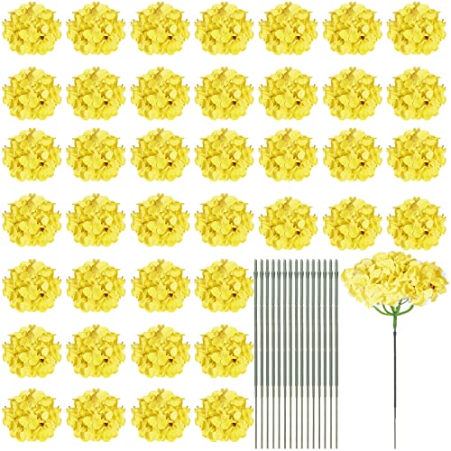 60 Pcs Silk Hydrangea Artificial Flowers Heads with 100 Pcs Stems Faux Flowers for Wedding Centerpieces Long Fake Bouquet for Home Decor Indoor Garden(Yellow)
