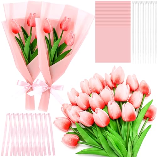 Zeyune Graduation Gifts Mini Faux Tulip Bouquet Kit, 10 DIY Artificial Tulip Flower Bouquets with Wrapping Paper and Ribbons, Class of 2026 Party Favors Gifts for Students Teachers Guests(Pink) - color: Pink