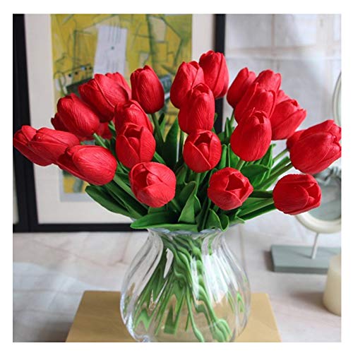 Artificial Tulips 10Pcs Real Touch Fake Tulips PU Flower Arrangement Bouquets for Home Party Decoration (Red) - color: Red