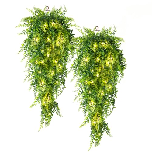 RECUTMS Artificial Boston Ferns 4 Pack Fake Hanging Plants with 30 LED Lights Faux Ivy Vine Leaves Plastic Greenery UV Resistant for Home Bedroom Wall Porch Garden Wedding Decor (Green) - color: Green-light