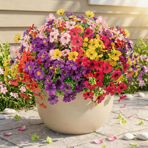 Artificial Flowers for Outdoor Decoration -16 Bundles UV Resistant Fake Faux Flower,Spring Faux Plants Outside Decor for Indoor Home Garden Porch Window Box,Red Rose Red Purple Yellow Pink - color: Red Rose Red Purple Yellow Pink