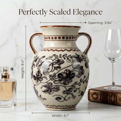 EFISPSS Ceramic Vintage Vase,Chinoiserie Rustic Farmhouse Floral Spring Decor for Home Decor Living Room Fireplace Office, Grey - color: Gray