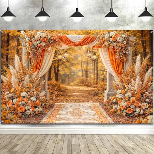 5X3ft Floral Photography Backdrop, Retro Flowers Backdrop Dreamlike Wedding Portrait Photo Background Romantic Wedding Birthday Bridal Shower Engagement Party Background Banner Decor, Orange-3 - color: Orange-3, size: 5x3ft