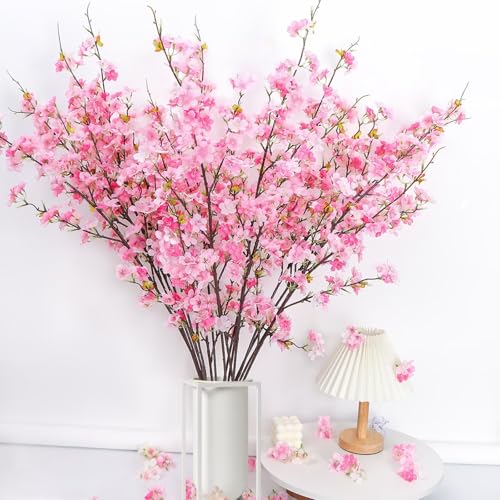 4Pcs Cherry Blossom Branches, 42.13in Artificial Cherry Blossom Tree Stems, Artificial Flowers Faux Silk Plum Blossom Branches, Artificial Cherry Blossom Decor for Home, Dark Pink(No Vase) - color: Dark Pink, size: 4Pcs