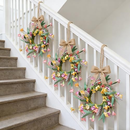 6 Pcs Mini Yellow Flowers Hanging Wreaths for Cabinets Artificial Spring Small Candle Ring Wreaths with Pink Floral and Purple Lavender for for Home Kitchen Front Door Window Farmhouse Porch Wall - color: Colorful Forsythia