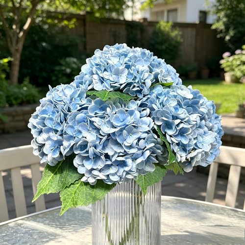 3 Pcs Real Touch Hydrangea Artificial Flowers, Pet-Safe 3D Latex Blue Hydrangeas, Faux Flowers for Wedding Centerpiece Bridal Shower Home Decor Bedroom Nightstand Baby Shower - color: Blue