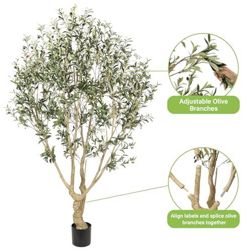Realead Faux Olive Tree 7ft - Large Artificial Olive Tree Indoor with Realistic Leaves and Olives - Full and Grand Design Fake Olive Tree with Sturdy Base for Indoor Home Office Decor - size: 7FT