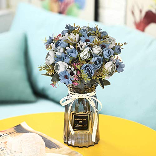 Artificial Flowers for Decoration, Fake Rose Silk Flower Plastic Plants Home Garden Indoor Outdoor Decorations Bedroom Office Room Arrangement Decor Wedding Bridal Bouquet Planter Filler, Blue 4 Pack - color: Rose Bud/ Blue/ 4 Pack