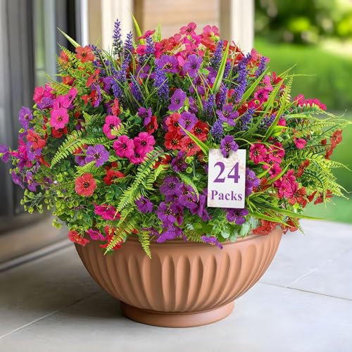 Alupssuc 24 Bundles Artificial Flowers for Outdoors Planters Spring Decoration, UV Resistant Faux Eucalyptus Violet and Lavender Silk Fake Plants for Outside Indoor Yard Home Patio Decor, Mix 3 Colors - color: Red Rose Purple