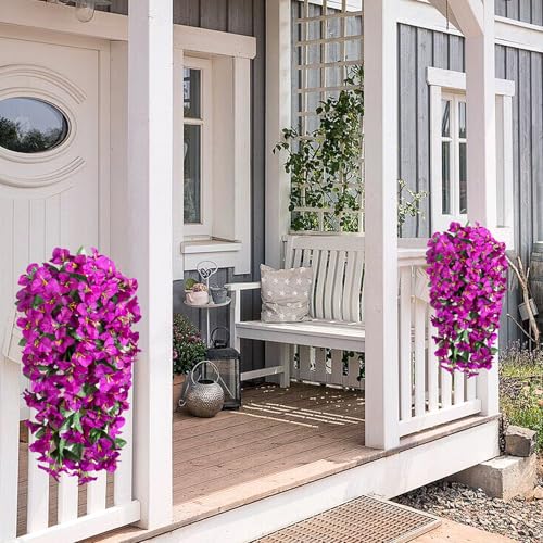 INXUGAO 2 pcs Artificial Faux Bougainvillea Flowers Plants for Outdoor Outside Summer Decoration, Fake Silk UV Resistant Long Trailing Vines for Front Door Porch Planter Balcony (Purple Deep Lotus) - color: Dark Lotus Color