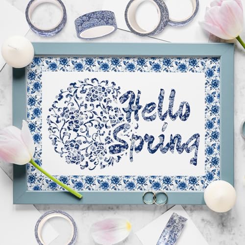 FYSUIMU 12 Rolls Blue Floral Washi Tape Chinoiserie Flower Bird Decorative Masking Tape Set Blue White Toile Wrapping Paper Tapes for Scrapbook Journal DIY Art Crafts - style: Blue Floral