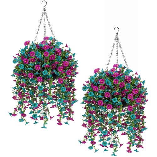 2 Pack Artificial Hanging Flowers Basket Set, Cascading Morning Glory | Artificial hanging flowers for porch,Patio,Garden,outdoor decorations,24 stems, 10in baskets and no watering - color: 2 Pack Baskets/Teal+purple