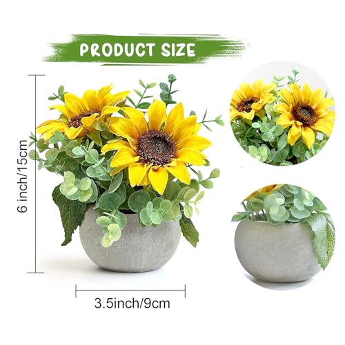 2 Pack Artificial Flowers with Pot, Silk Sunflowers with Eucalyptus Fake Potted Plants Sunflower Centerpieces for Tables Home Office Room Shelf Desk Plant Decor - color: 2 Pack Sunflowers