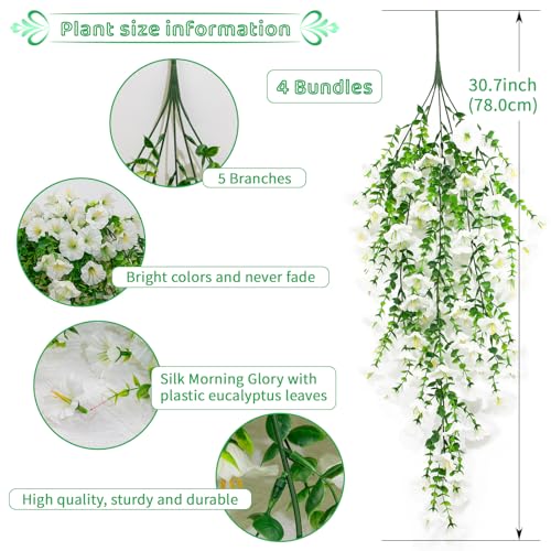 4 Pack Artificial Faux Hanging Flowers Plant for Outdoor, Fake Silk Morning Glory with Eucalyptus UV Resistant Realistic Trailing Vine for Wall Home Porch Patio Balcony Yard Indoor Decor, White - color: White