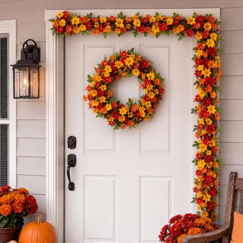 6 ft Fall Artificial Flower Garland for Mantle Autumn Fake Orange Wildflower Floral Sunflower Garland Hanging Vines for Thanksgiving Wedding Arch Table Ceremony Home Party - style: Flower