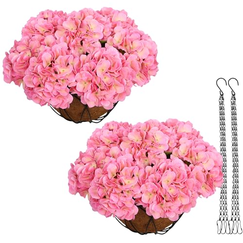 bellacat Real Touch Faux Hydrangea Flowers with 11" Hanging Basket, Fake Hanging Hydrangea Flowers with Realistic Flowers, Artificial Hanging Flowers for Outdoors Porch Patio Balcony (Pink, 2Pack) - color: Pink
