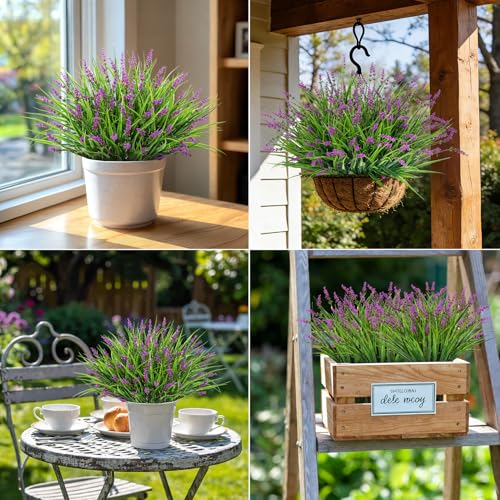24 Bundles Artificial Plants Flowers Outdoor, Faux Lavender Flowers Fake Monkey Grass UV Resistant Plastic Plant for Porch Garden Patio Window Home Decor, Lotus - color: Lotus