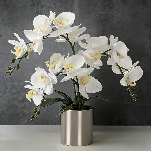 LESING Potted Artificial Orchid Flowers,Real Touch White Fake Artificial Orchid Flower in Silver Vase Arrangement for Table Living Room Decoration (White,Silver Vase) - color: White,silver Vase