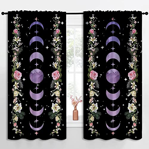 Purple Boho Floral Wildflower Rod Pocket Blackout Curtains for Boy Girl Bedroom, Moon Phase Moonlit Garden Witchy Gothic Aesthetic Light Filtering Window Drapes for Living Room Darkening,63x63 inch - color: Purple Boho Floral Wildflower-008, size: 63"W x