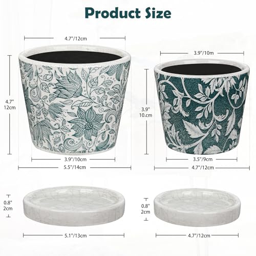 Set of 2 Ceramic Blue and White Plant Pots with Drainage Hole and Saucers, Vintage Farmhouse Accent Planters for Indoor Plants, Round Flower Pots Rustic Succulent Pot Terracotta Tubs 5.7/4.7 Inch - color: Teal Green