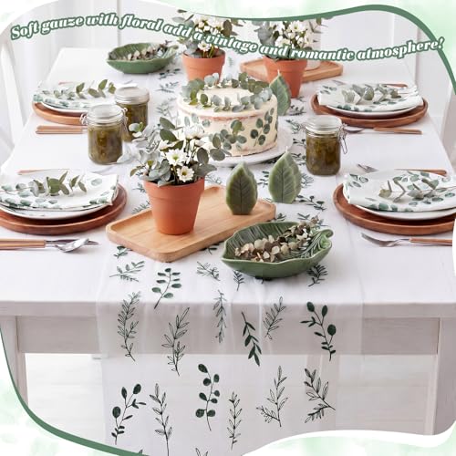 Mindsoft 3 Pcs Eucalyptus Table Runner 10ft Gauze Sage Green Embroidered Leaf Decor Foliage Floral Tulle Lace Table Runner for Wedding Bridal Baby Shower Holiday Dining Decor DIY - style: Green Leaves