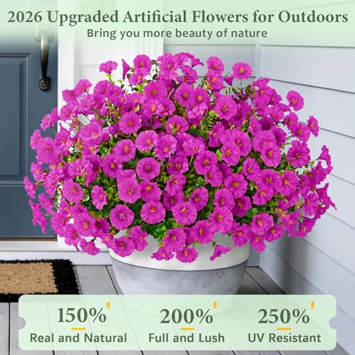 Yastouay Artificial Flowers for Outdoors, 26 Bundles Fake Outdoor Flowers, UV Resistant Artificial Plants & Flowers for Decoration, Fuchsia Realistic Morning Glory for Outdoor Porch Garden Decoration - color: Fuchsia, size: 26 Bundles