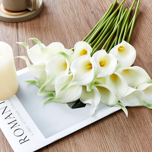 Artificial Calla Lily 12Pcs White Real Touch Faux Flowers for Wedding Bouquet, Bride Bridal Shower, Spring Home Kitchen Table Decor, Fake Lilies for Centerpieces, Party Decorations - color: White