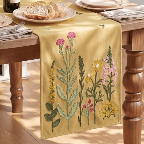 Artoid Mode Light Camel Soft Chain Embroidery Wild Floral Spring Table Runner, Seasonal Summer Kitchen Dining Table Decoration for Home Party Decor 13x72 Inch - color: Light Camel, size: 13" x 72", Table Runner