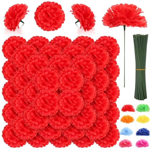 LELEE 108pcs Carnation Head Flowers with Stem - Red Artificial Flowers Carnation Bulk - Silk Carnations Fake Flower for Wedding Bouquet DIY Baby Shower Centerpieces Grad Party Tables Memorial Decor - color: Red